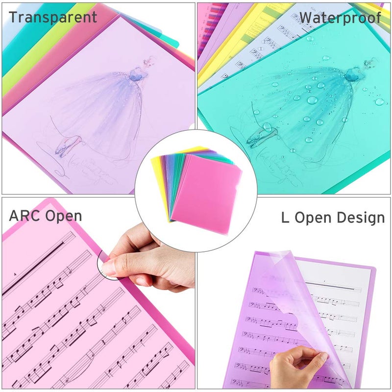 Sooez 25 Pack Clear Document Folder Project Pockets, Clear Plastic Folders Letter Size Plastic Document Folders Paper Poly Jacket Sleeves Folders Copy, 5 Assorted Colors - Image 3